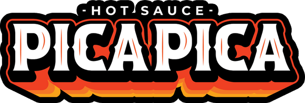 Logo for Picapica hot sauce featuring bold lettering and vibrant colors.